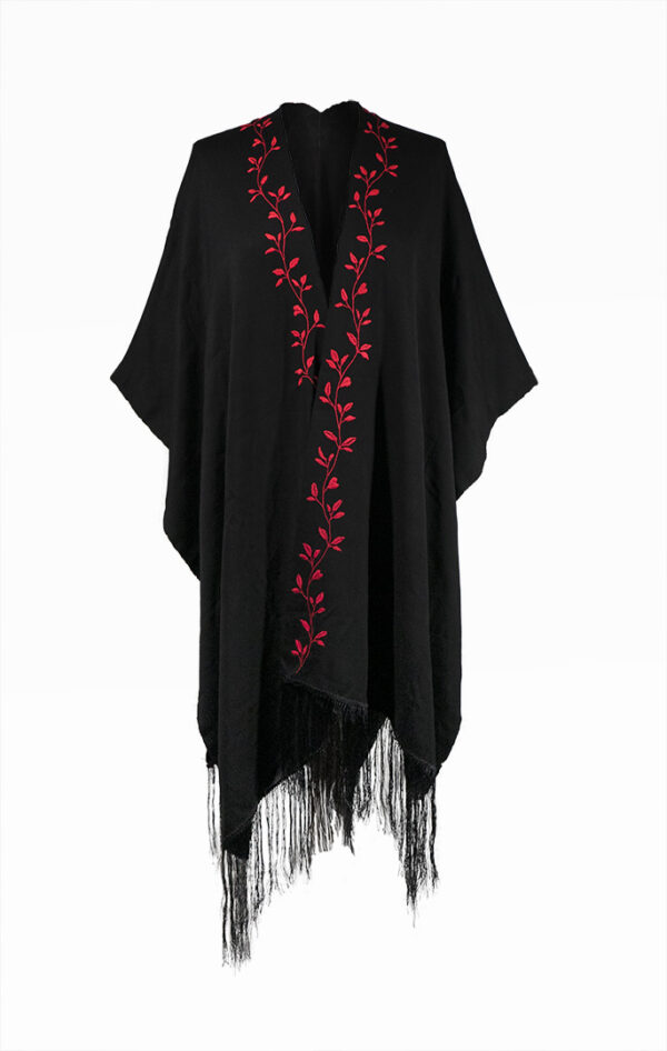 hand embroidery cape with fringe handmade in mexico by Montsera Collective classic look