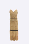 Cacao Crochet Maxi Dress Cacao crochet maxi dress shown front-facing, highlighting its layered crochet stitches, contrast bands, and long fringe detail.