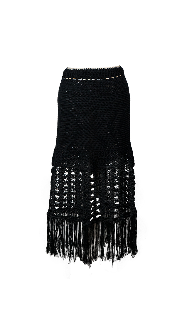 Black crochet midi skirt with handwoven openwork and fringe, crafted by artisans in Jalisco