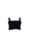 Tequila crochet crop top in black, handcrafted with thick straps and gold buttons, shown against a white background.