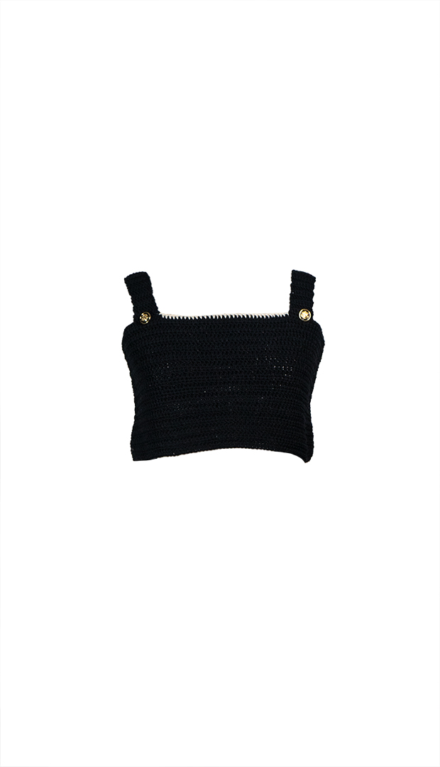 Tequila crochet crop top in black, handcrafted with thick straps and gold buttons, shown against a white background.